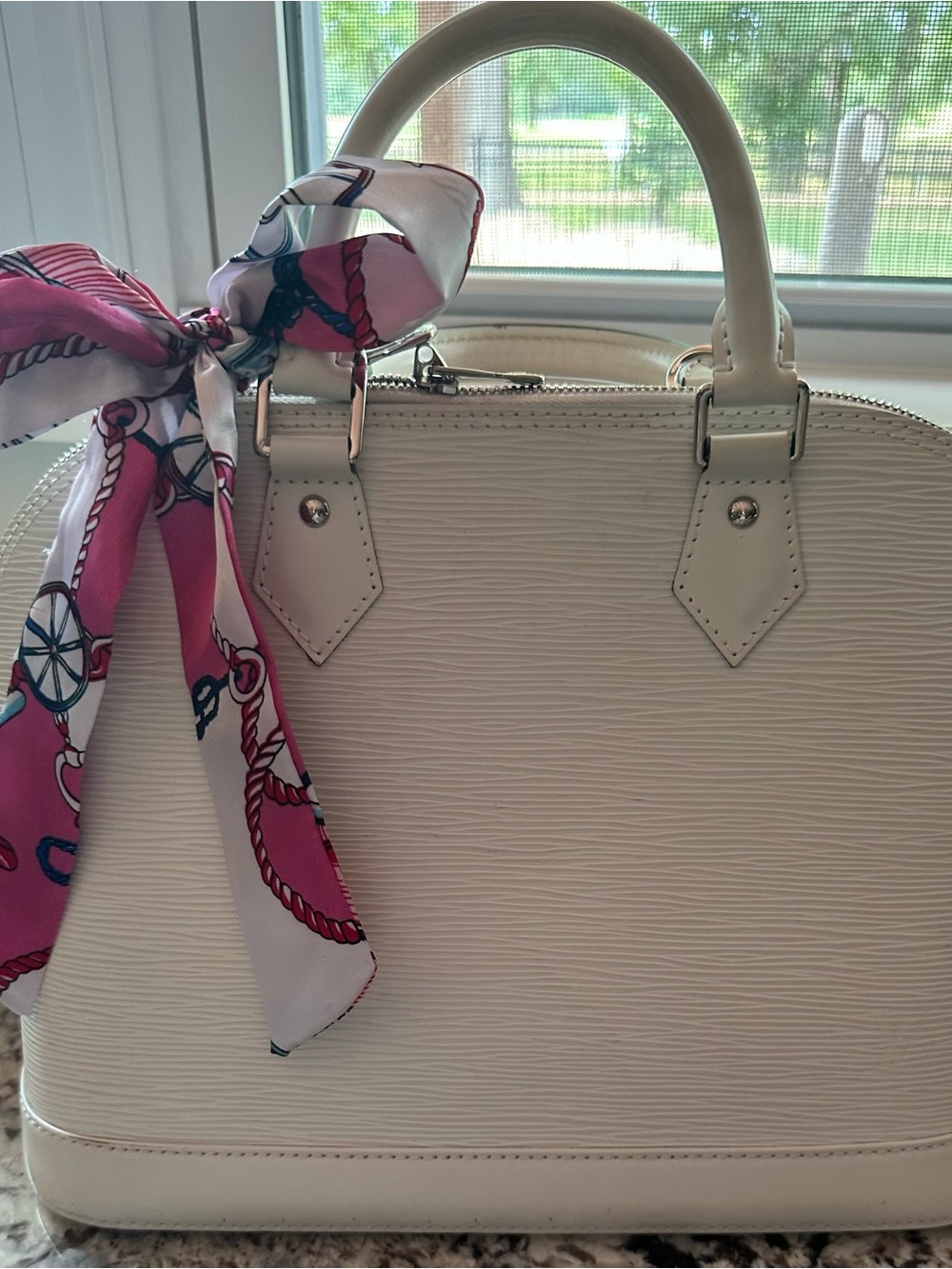 Louis Vuitton White Alma MM Top-Handle Bag with Silver Hardware